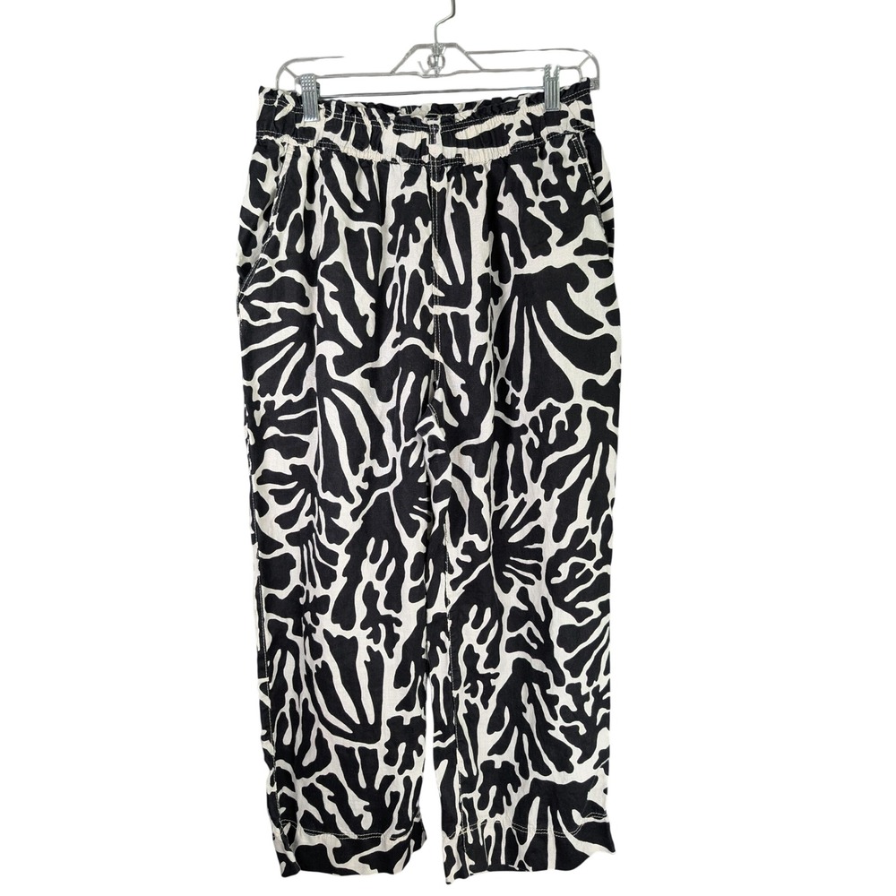 HM Linen Pull On Pants Womens M Black White Abstract Print Ankle Wide Leg